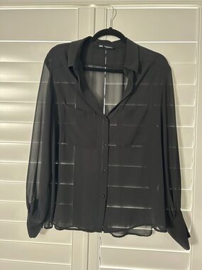 Zara Black Sheer Collared Button-Down Blouse
